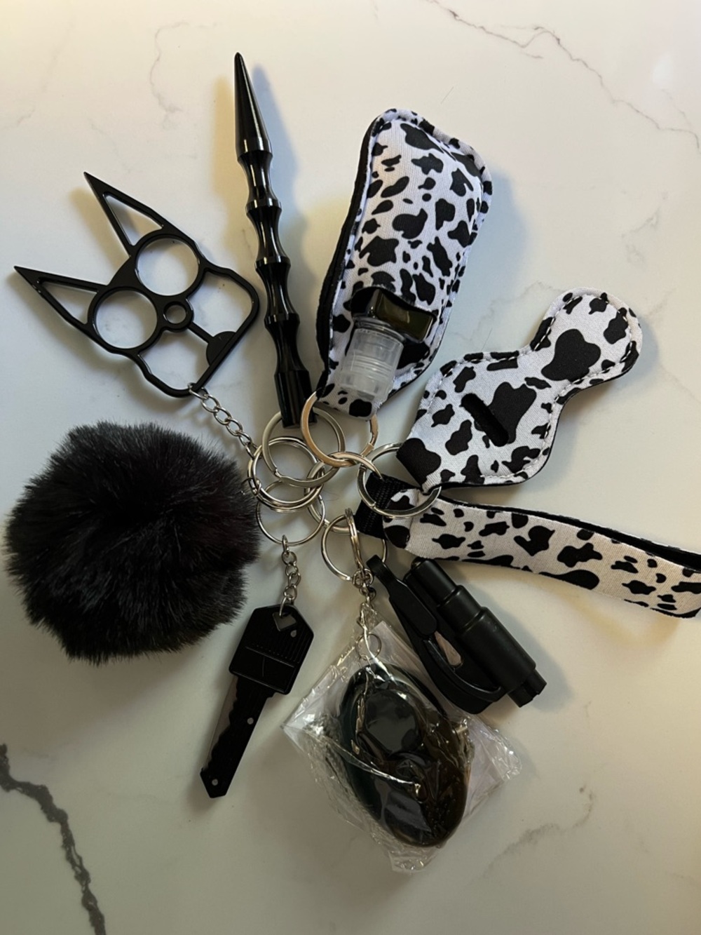 Self Defense Key Chain - Cow Print Keychain Set with Pom Pom